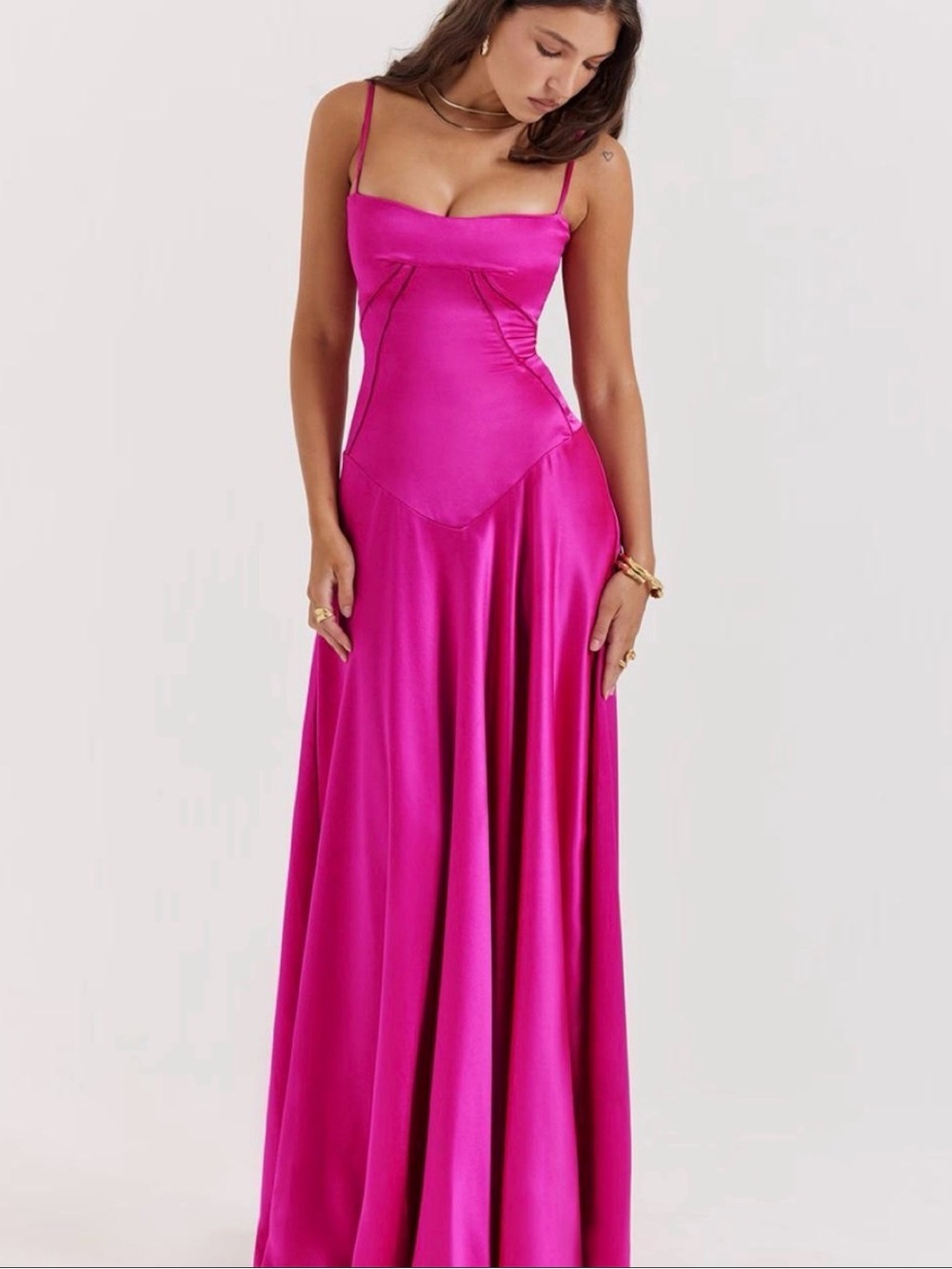 House of CB LIKE NEW Fuschia Satin Maxi Slip Dress
